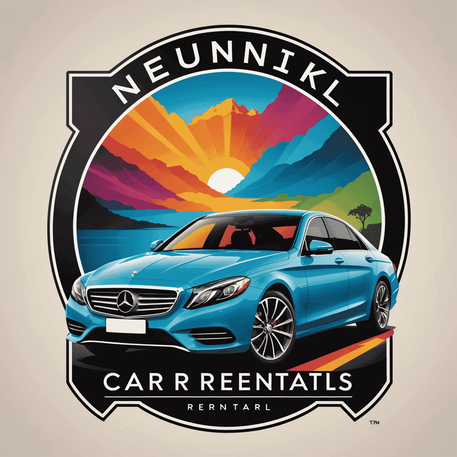 Nenumiklois Car Rentals logo featuring a stylized luxury car silhouette with vibrant colors