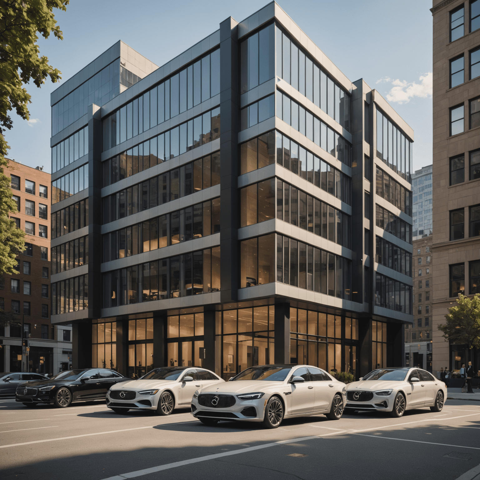 Downtown office with modern architecture, luxury cars parked outside
