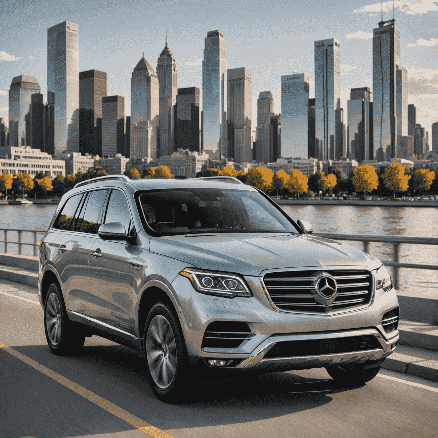 A luxurious silver SUV parked in front of a modern cityscape, showcasing the premium quality of our rental fleet