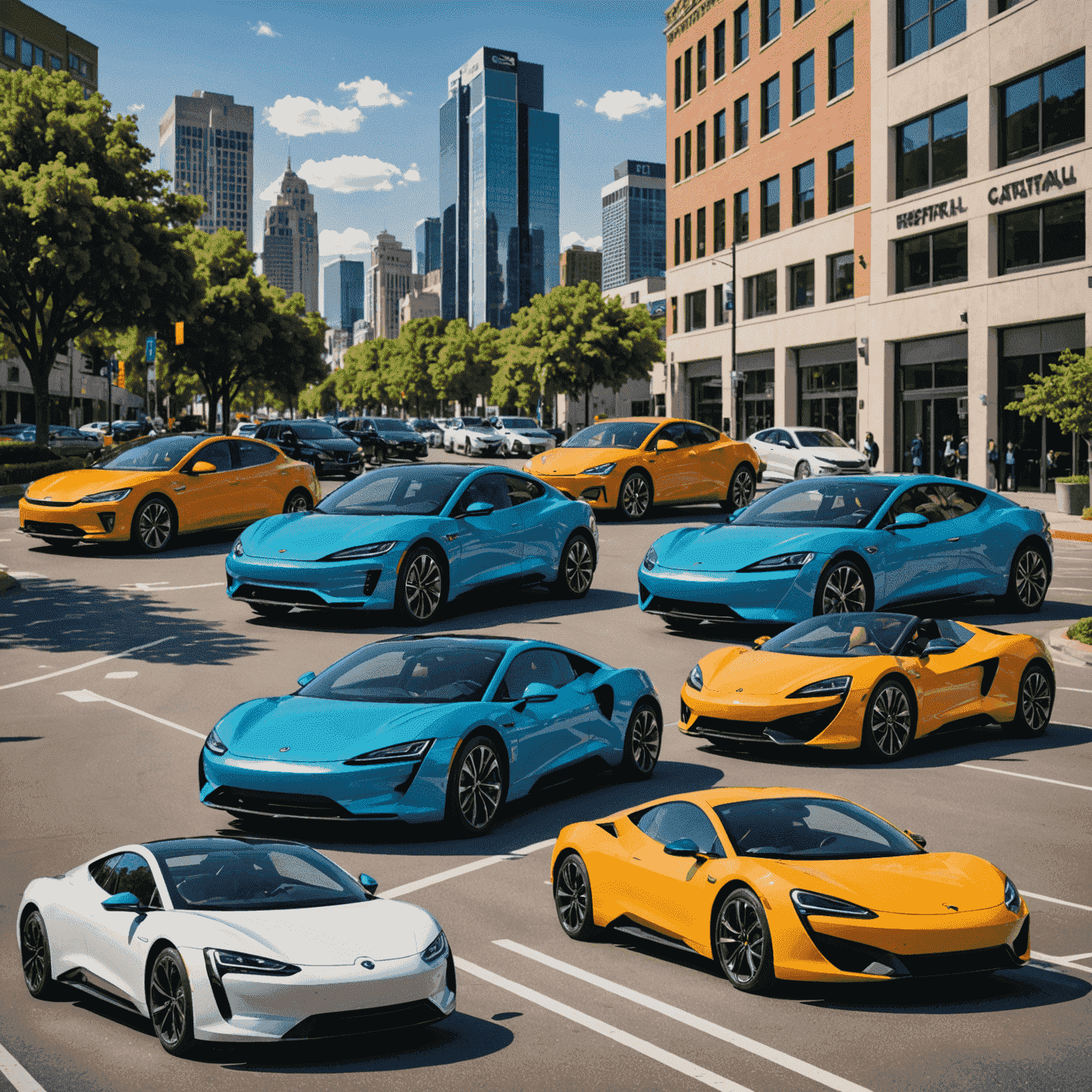 A collage of modern car rental options, featuring electric vehicles, luxury sports cars, and compact city cars in a vibrant urban setting