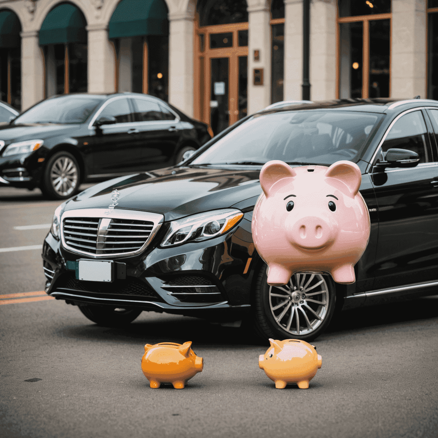 A luxurious sedan parked next to a piggy bank, symbolizing savings on premium car rentals