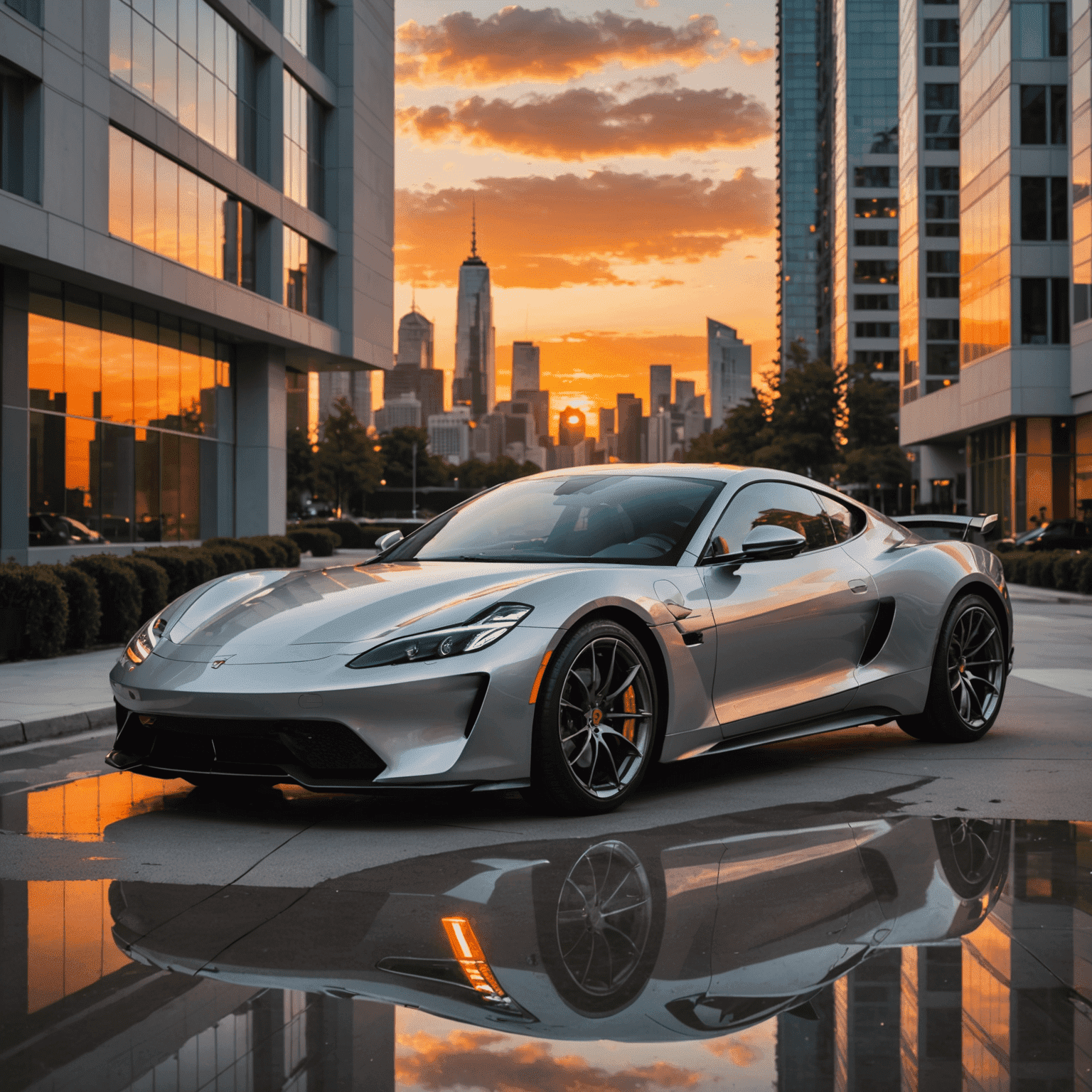 A sleek, silver luxury sports car parked in front of a modern high-rise building at sunset, reflecting the vibrant orange sky