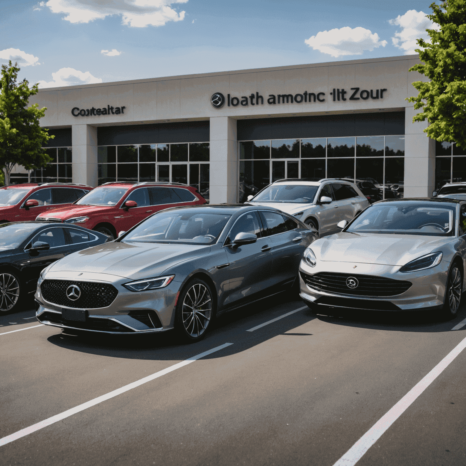 A diverse fleet of luxury and budget cars, ranging from sleek sedans to spacious SUVs, parked in a showroom