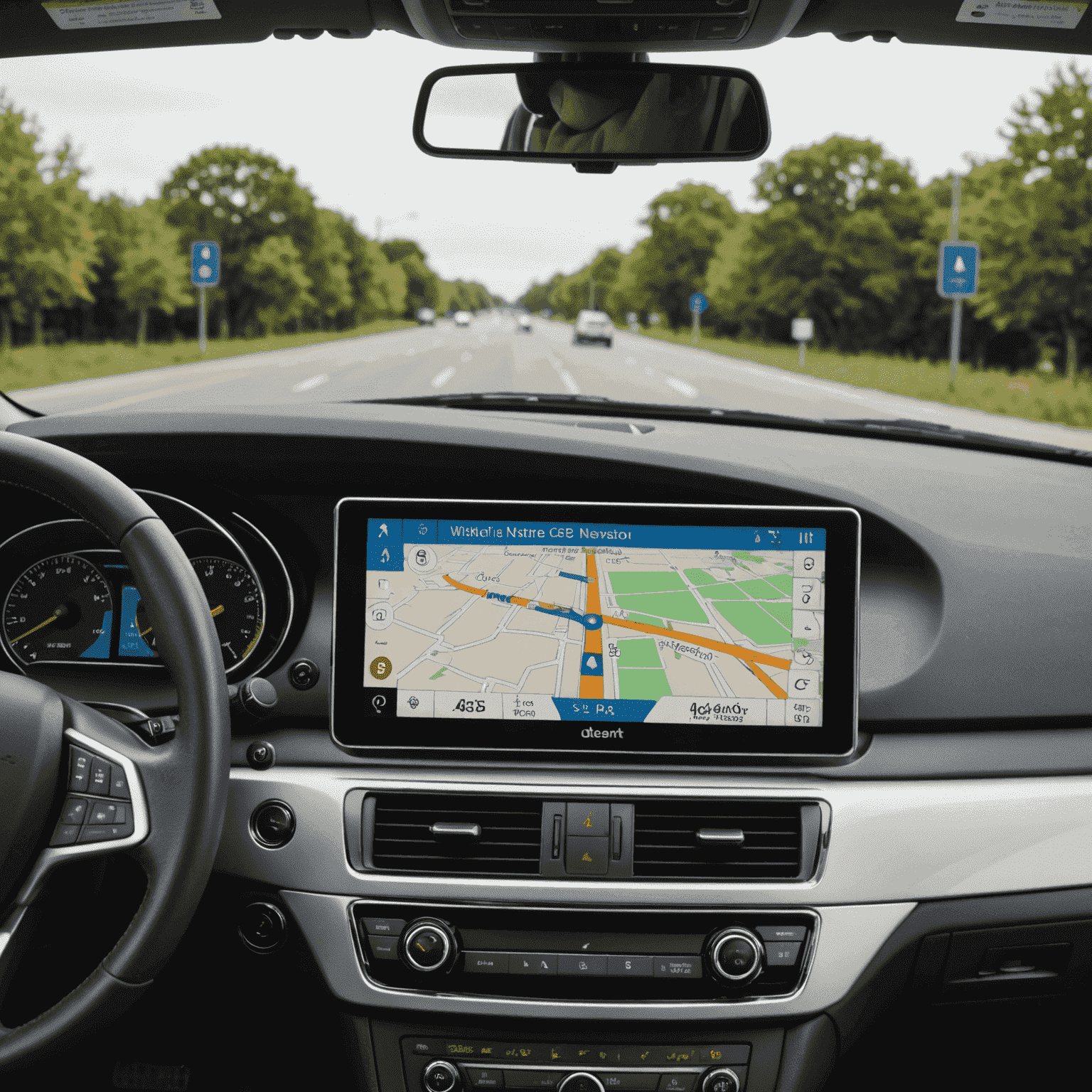 A modern GPS navigation system mounted on a car dashboard, displaying a map and turn-by-turn directions