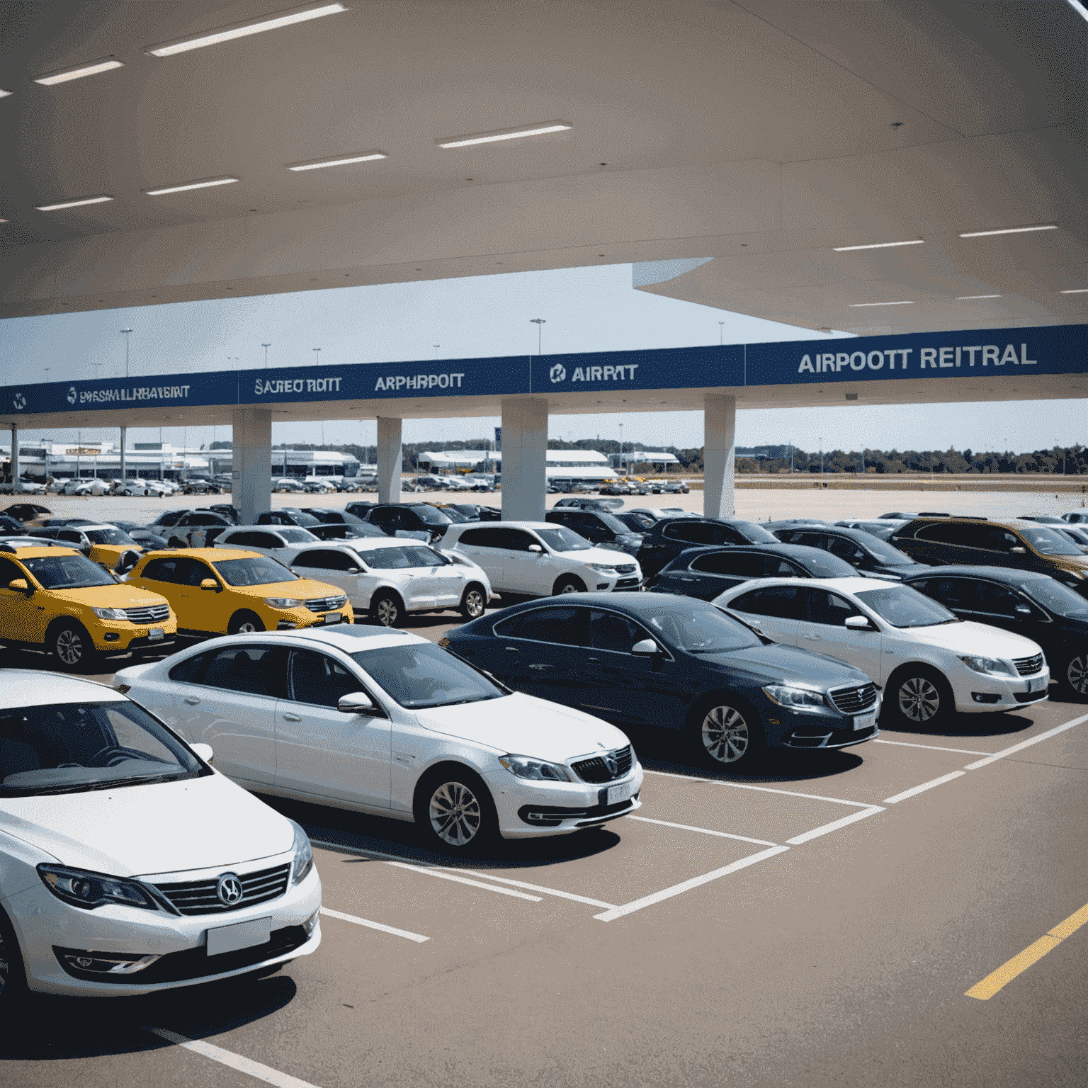 Airport car rental branch with a variety of vehicles ready for pickup