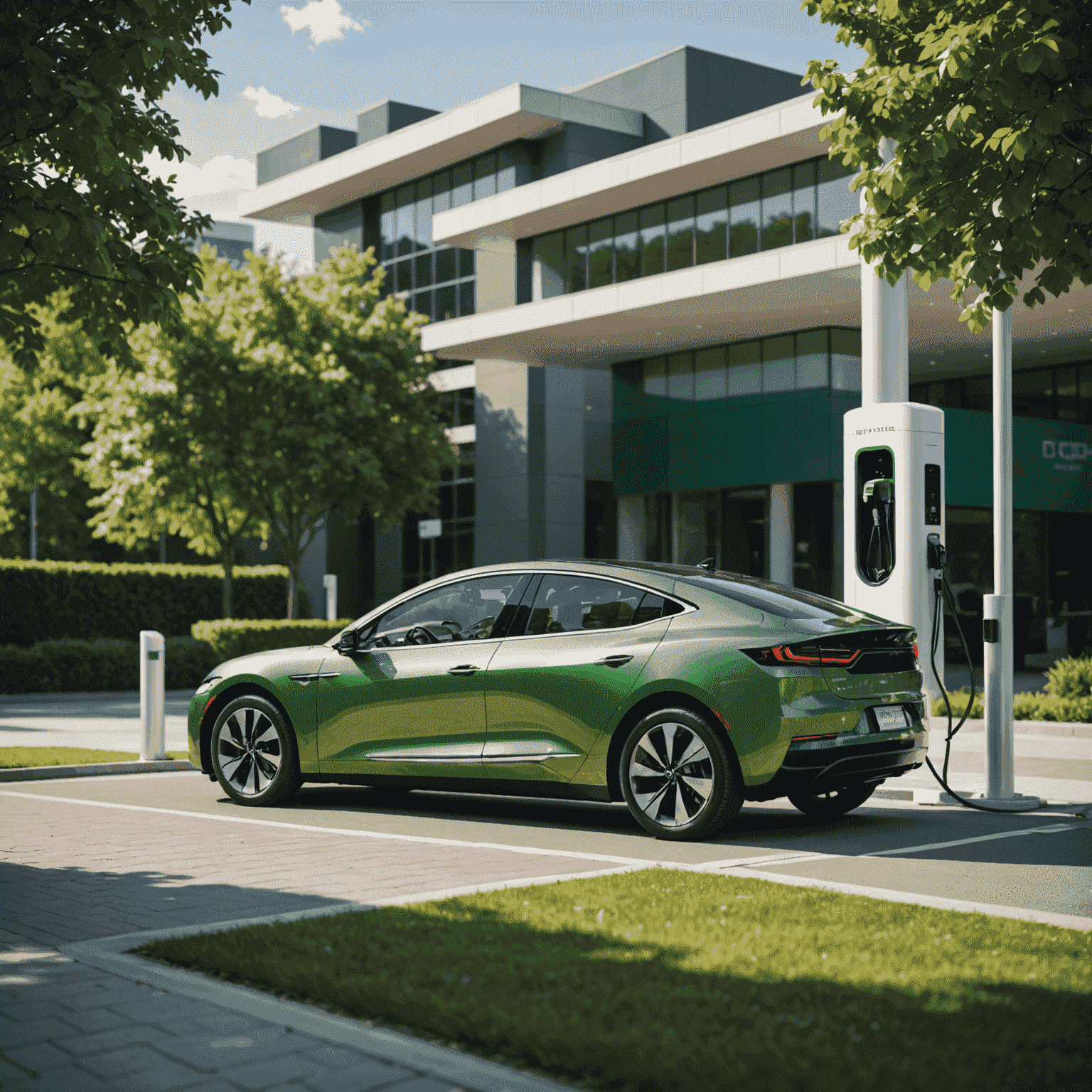 A sleek electric car being charged at a modern charging station with a green urban background