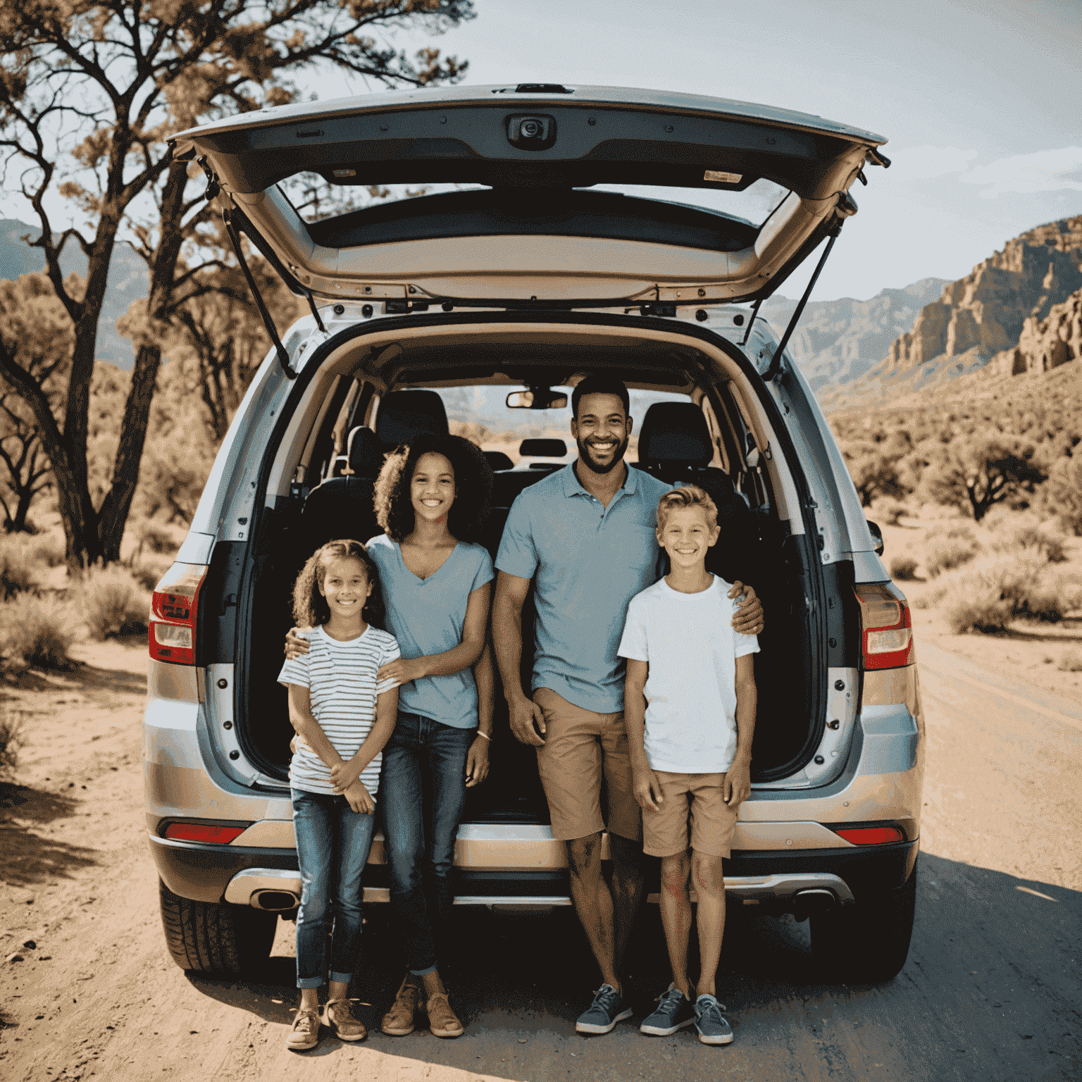 A happy family standing next to a rented SUV packed for a road trip, showcasing the versatility of affordable car rentals