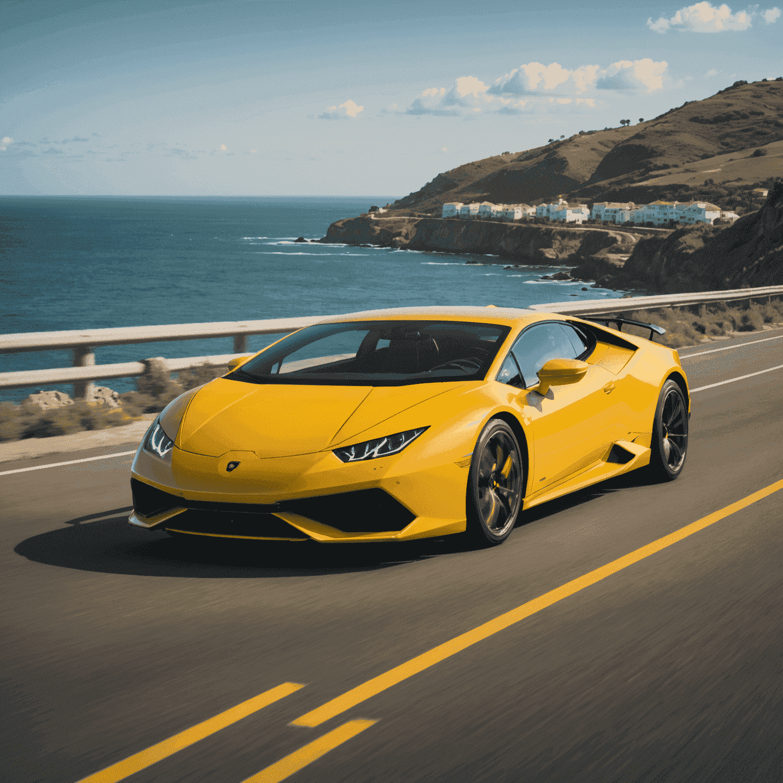 A bright yellow Lamborghini Huracán speeding along a coastal road with the ocean visible in the background