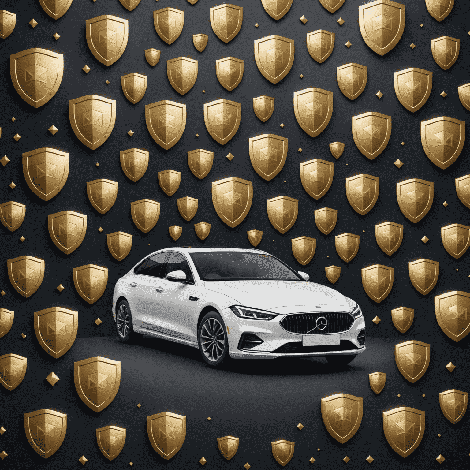 A luxury car surrounded by multiple shield icons, illustrating comprehensive premium insurance coverage