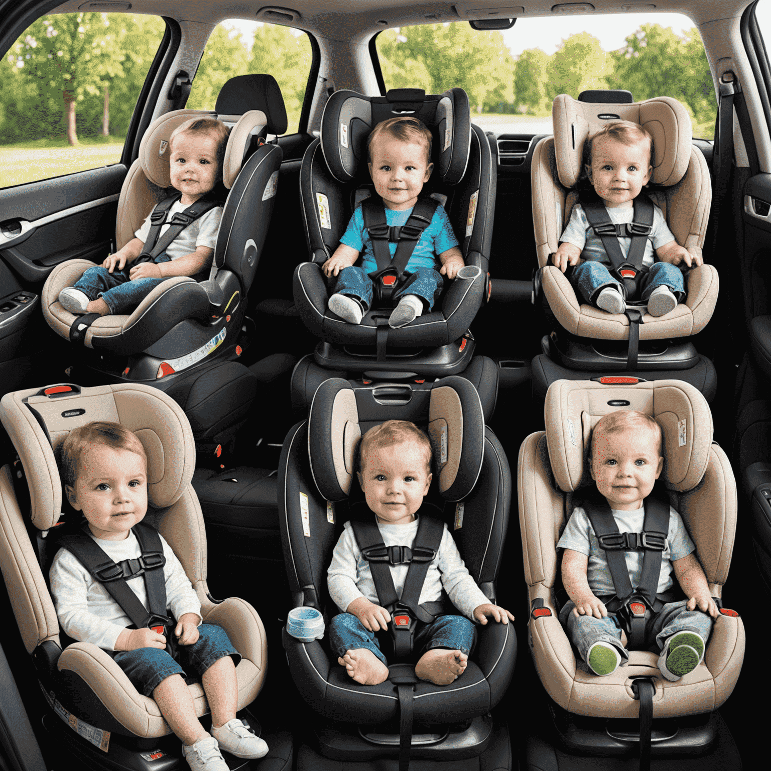 Various child car seats for different age groups, showcasing safety and comfort features