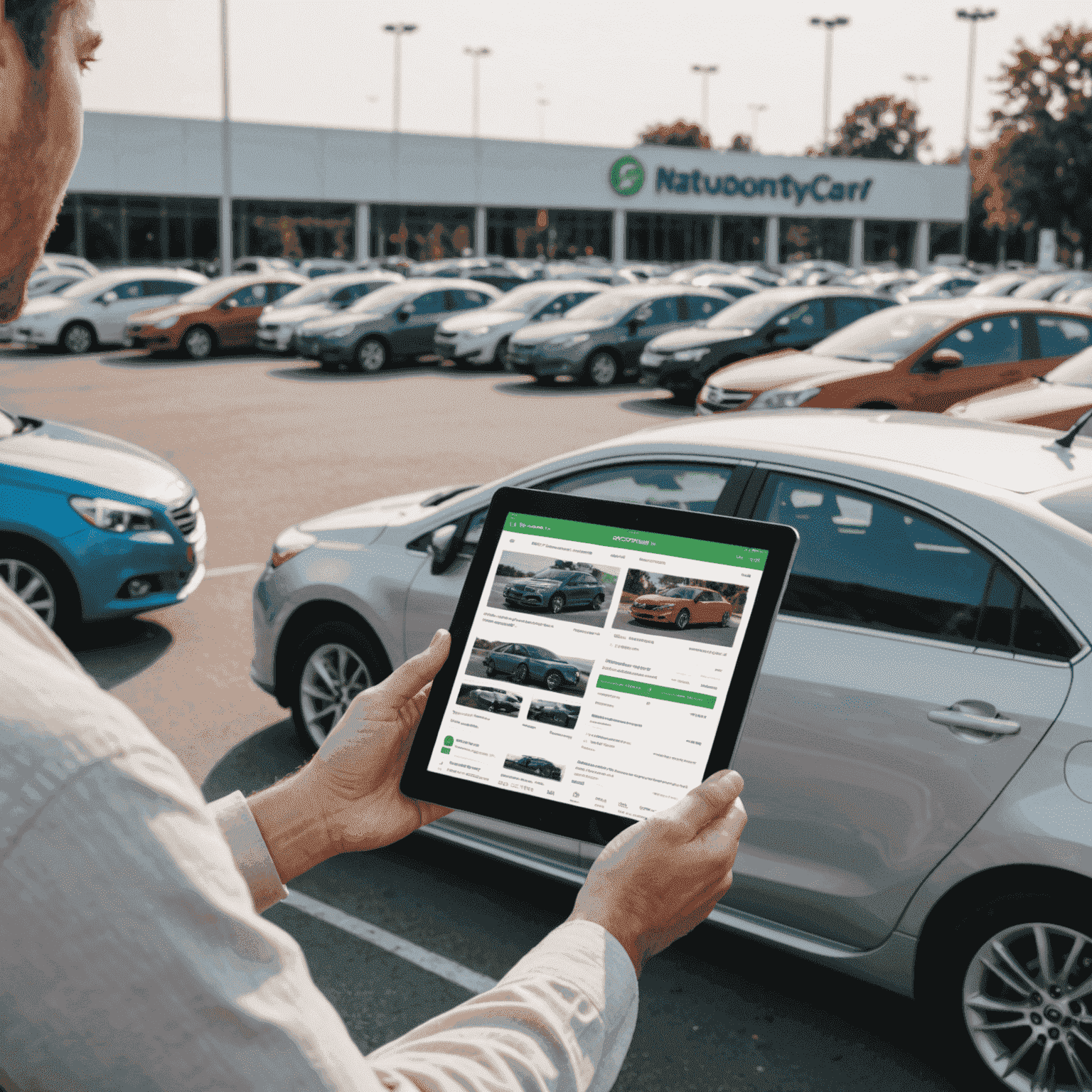 A person comparing prices on a tablet with various economy cars in the background, illustrating budget-friendly car rental options