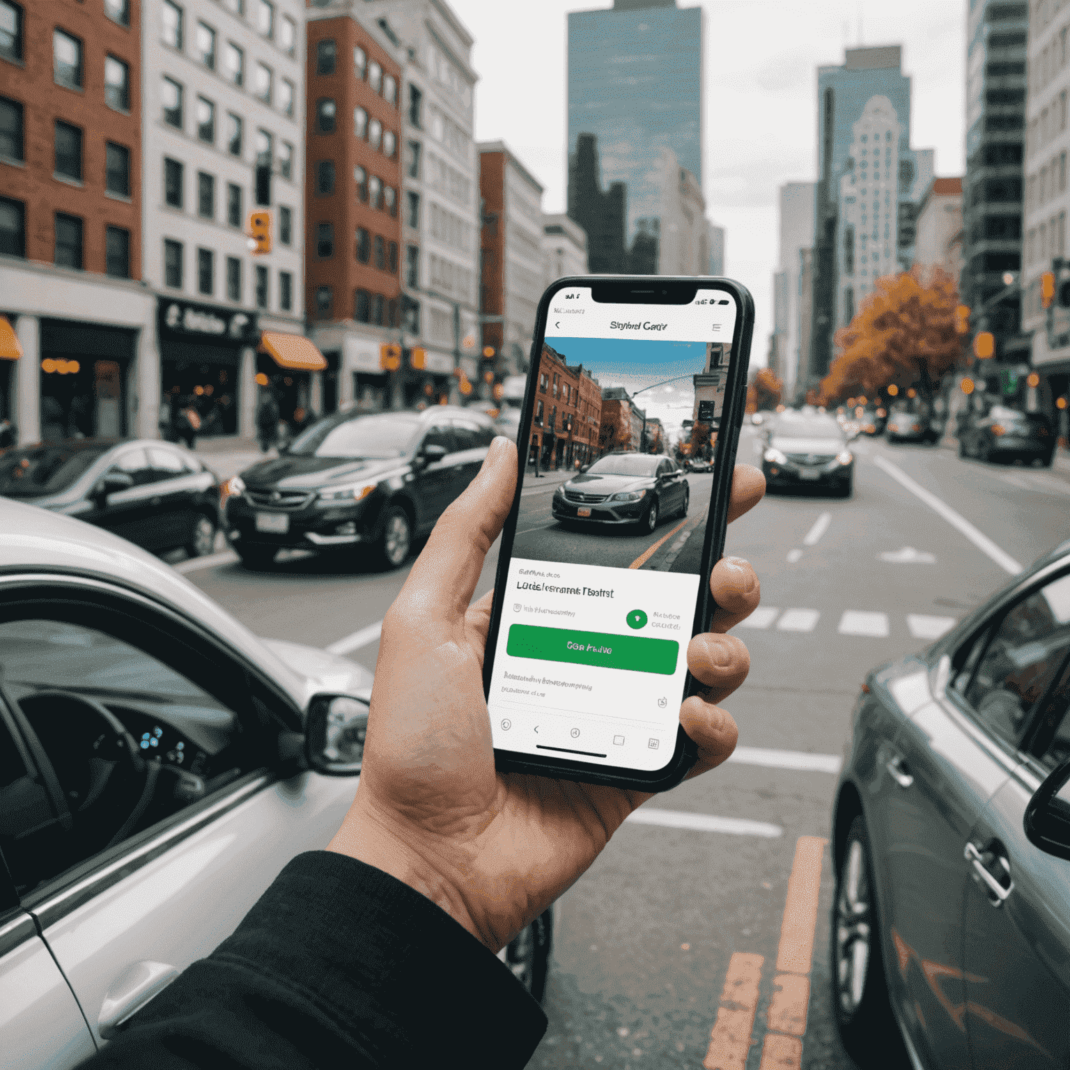 A person using a smartphone app to unlock a rental car, with a cityscape in the background