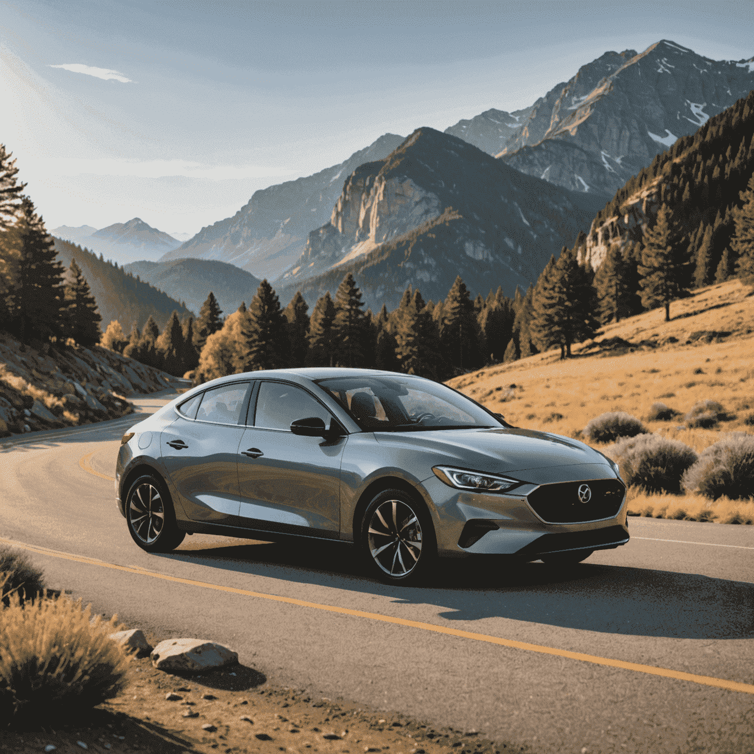 A sleek, fuel-efficient compact car parked in a scenic location, emphasizing the balance between affordability and quality in car rentals