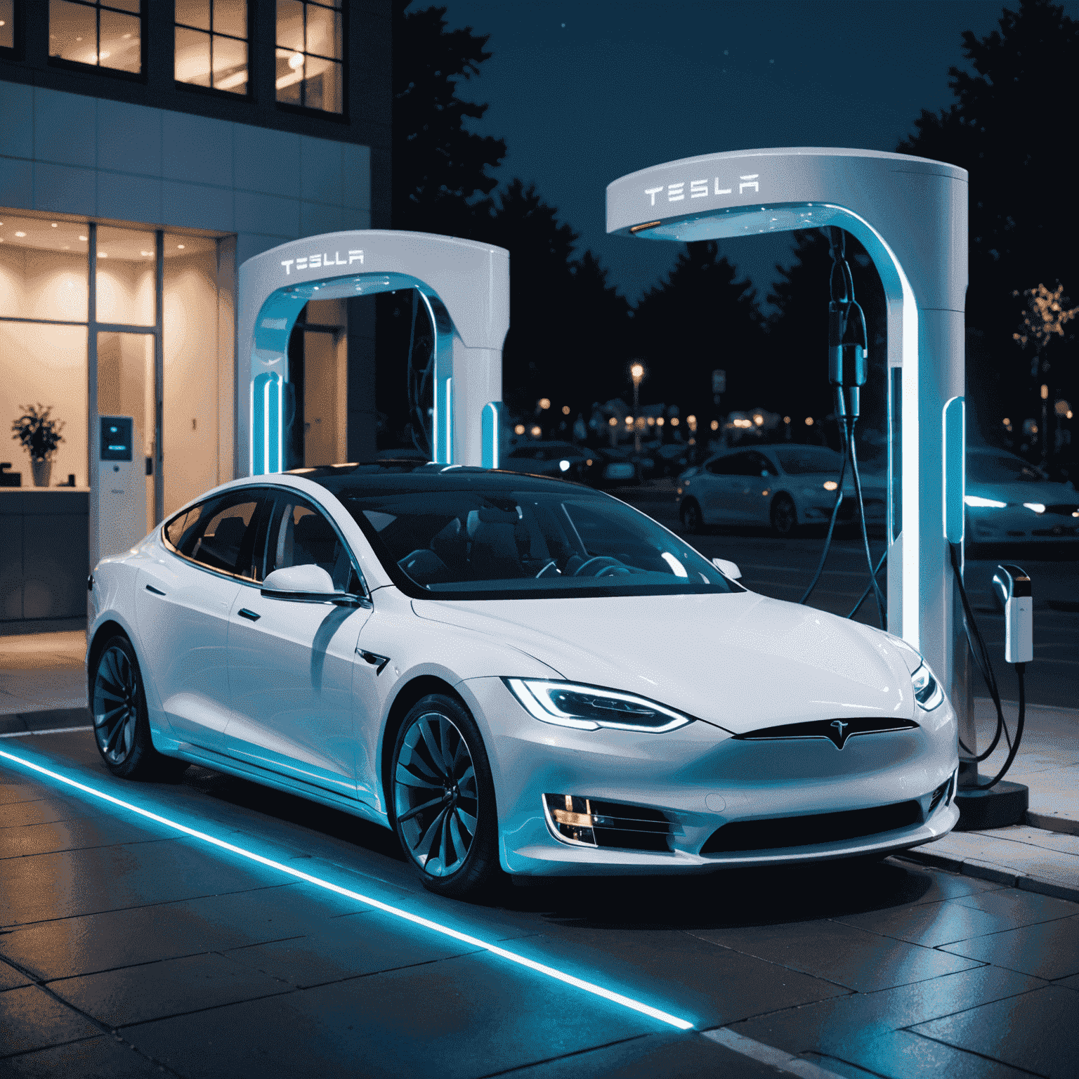 A white Tesla Model S Plaid charging at a futuristic charging station with glowing blue lights