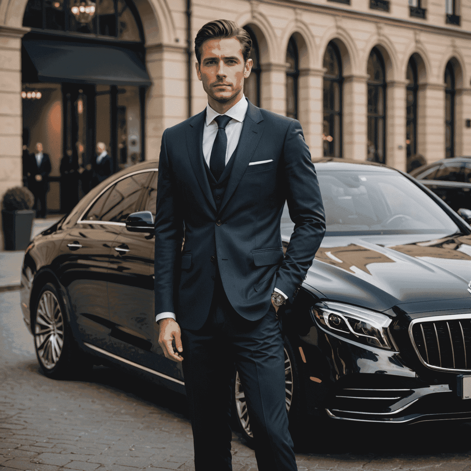 A professional chauffeur in a suit standing next to a luxury car, ready to provide a premium driving experience
