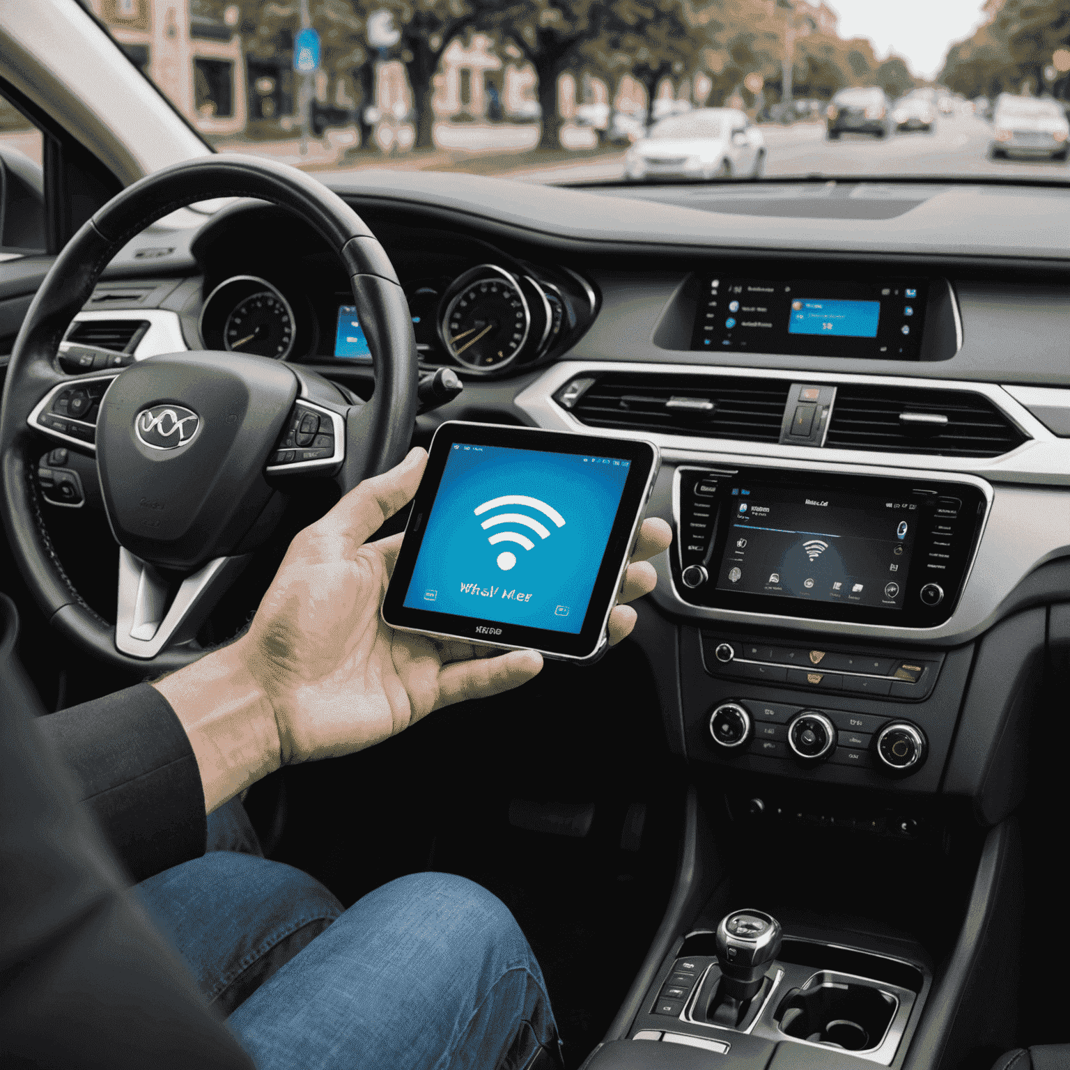 A portable Wi-Fi hotspot device inside a car, providing internet connectivity for multiple devices
