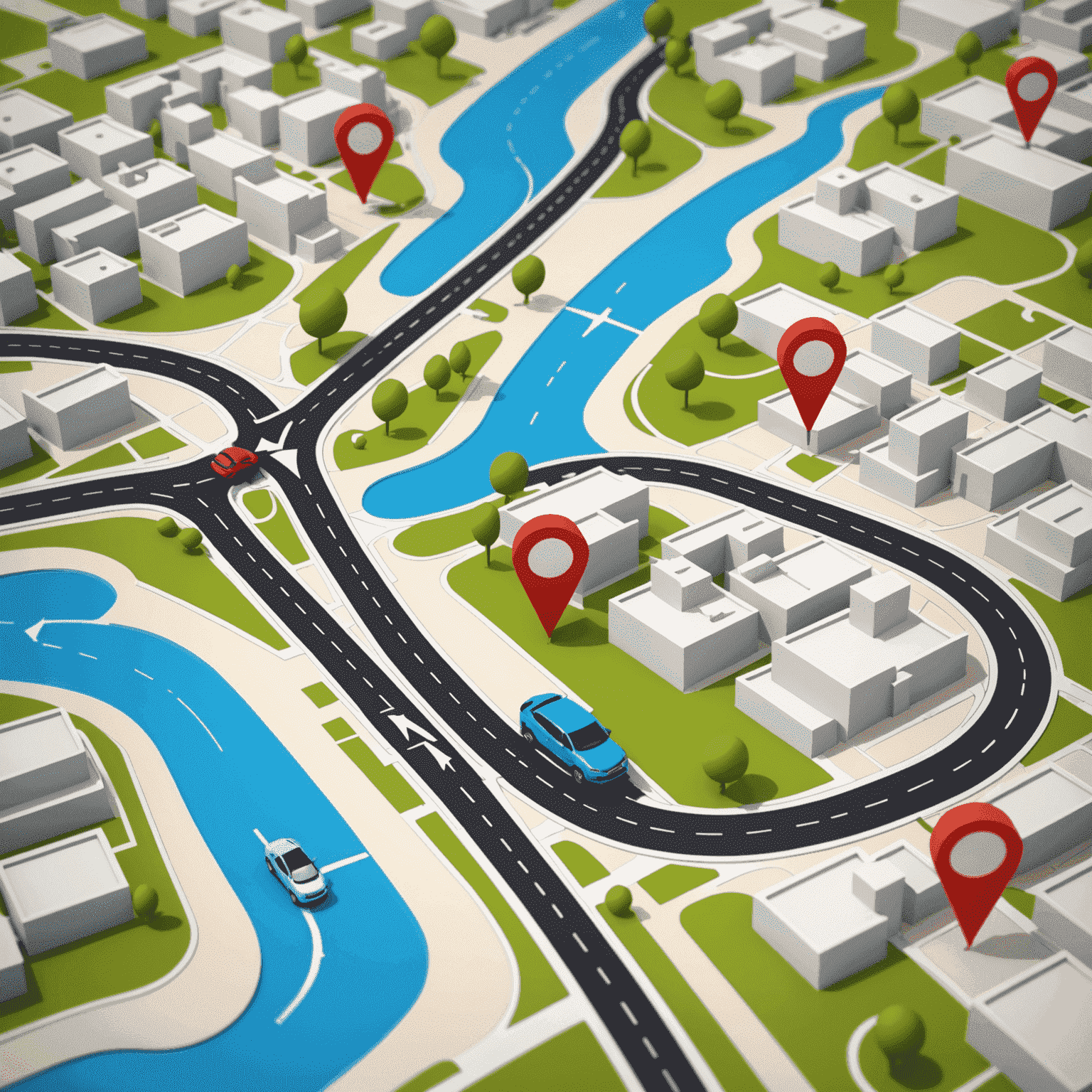 A map with a car icon showing a one-way route between two cities.