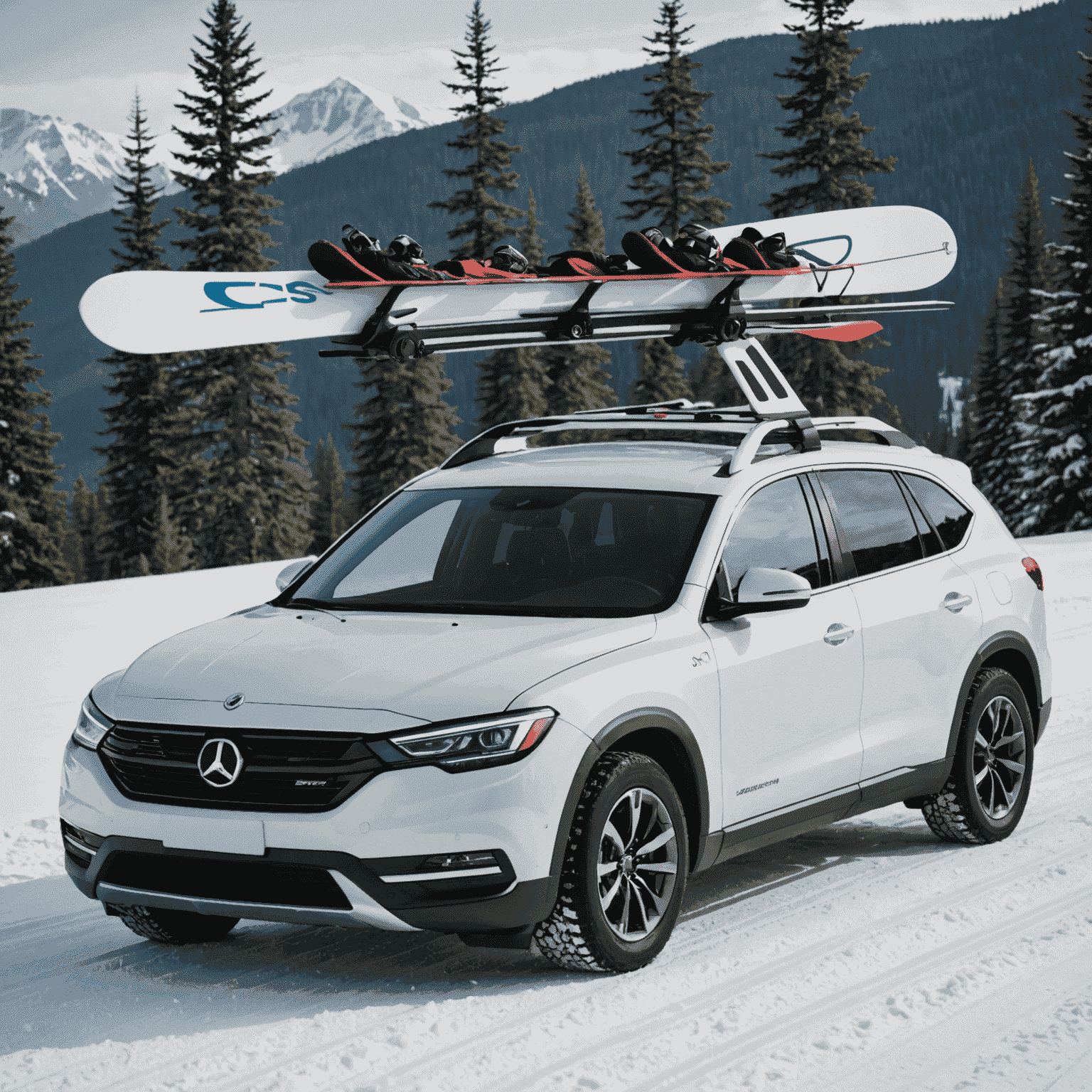 A car fitted with specialized ski racks, securely holding multiple pairs of skis or snowboards